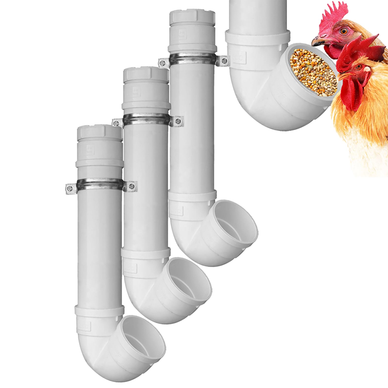 Photo 1 of 3Pack Automatic Chicken Feeder, PVC Pipe Hanging with Lid Hanging, for Chicken Poultry Feeder, Easy to Install and Clean