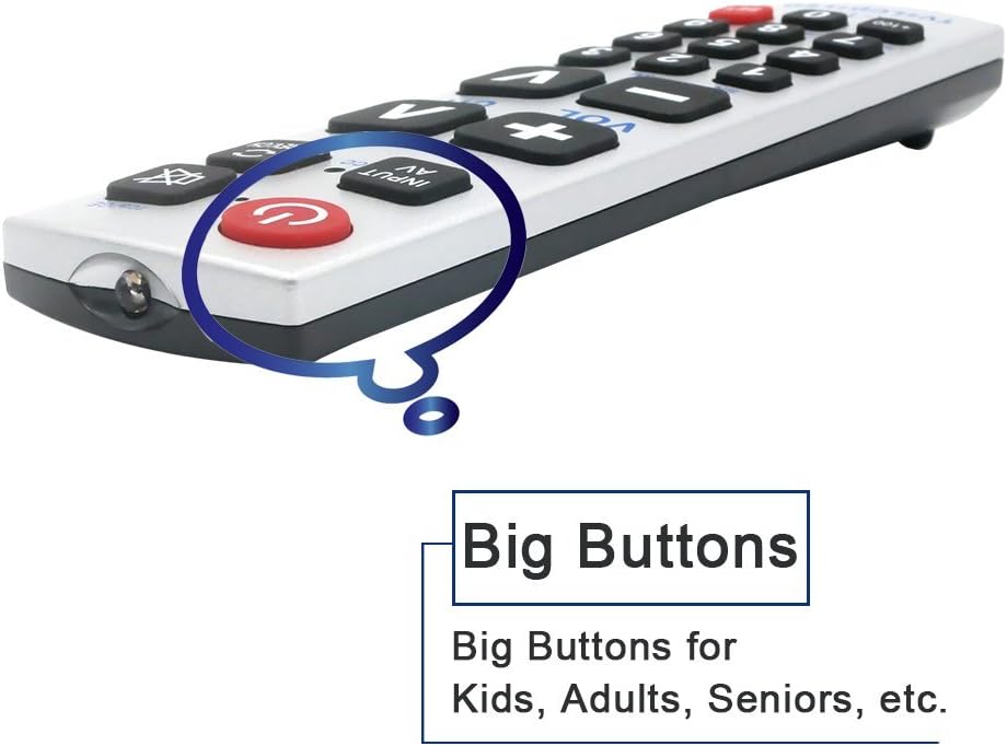 Image showing a close-up of the LuckyStar A-TV2 remote control's large buttons, with text indicating 'Big Buttons for Kids, Adults, Seniors, etc.'.