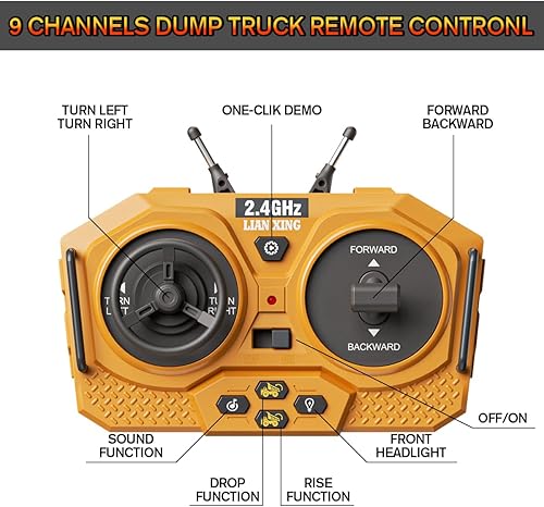 Miniatura 7 de 82.4 F Camión volquete de control remoto, juguete de vehículos de construcción RC a escala 120, 9 canales de 2.4 GHz, camión eléctrico de juguetes