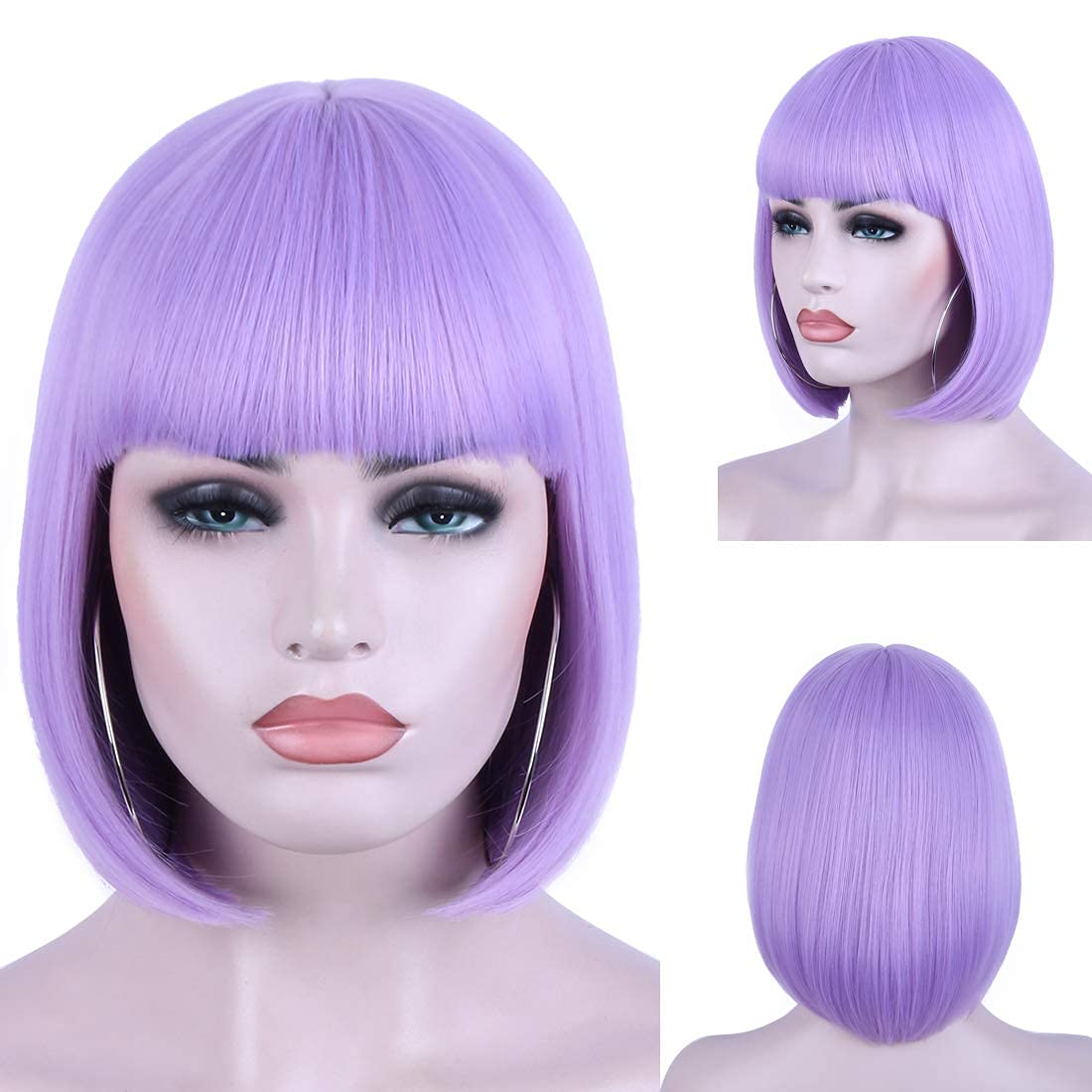 Sotica 10 Inches Short Bob Wigs Light Purple Wigs with Flat Bangs Heat Resistant Yaki Synthetic Hair Wig for Women