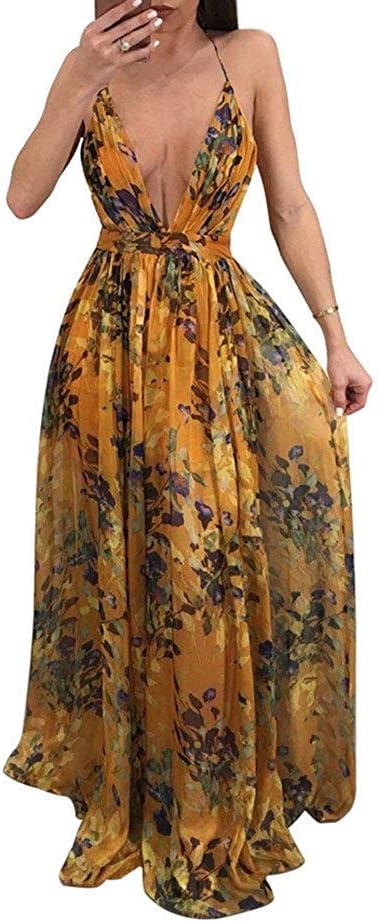 Remelon Womens Sexy Spaghetti Strap Deep V Neck Floral Boho Criss Cross Backless Chiffon Beach Party Long Maxi Dress