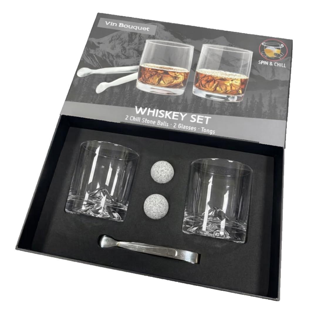 VB Vin Bouquet FI 1552 Set Set de Whisky Premium con Vasos Diseño Montaña 360 ml, 2 Piedras de Granito Enfriadoras, Pinzas Acero Inoxidable, Presentación en Caja Regalo