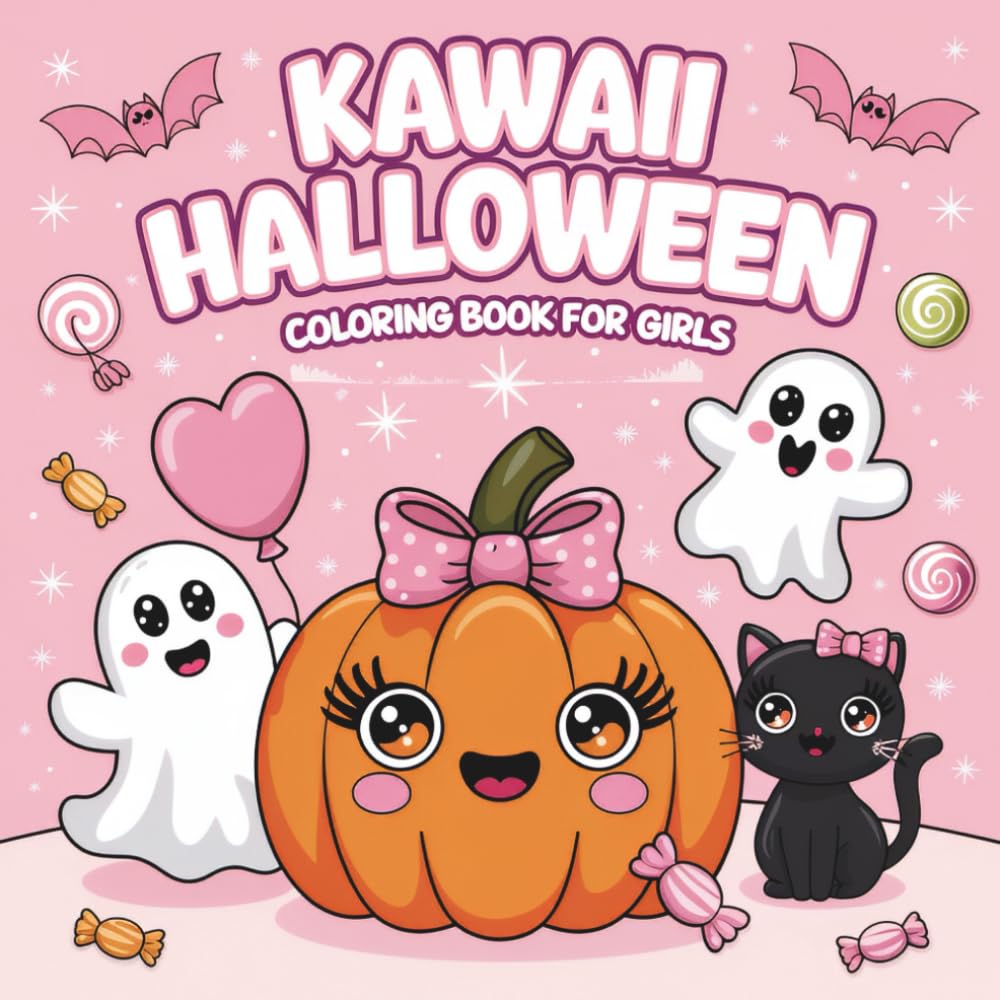 Kawaii Halloween Coloring Book for Girls: Cute and Fun Spooky Designs with Pumpkins, Ghosts, Cats, and Candy