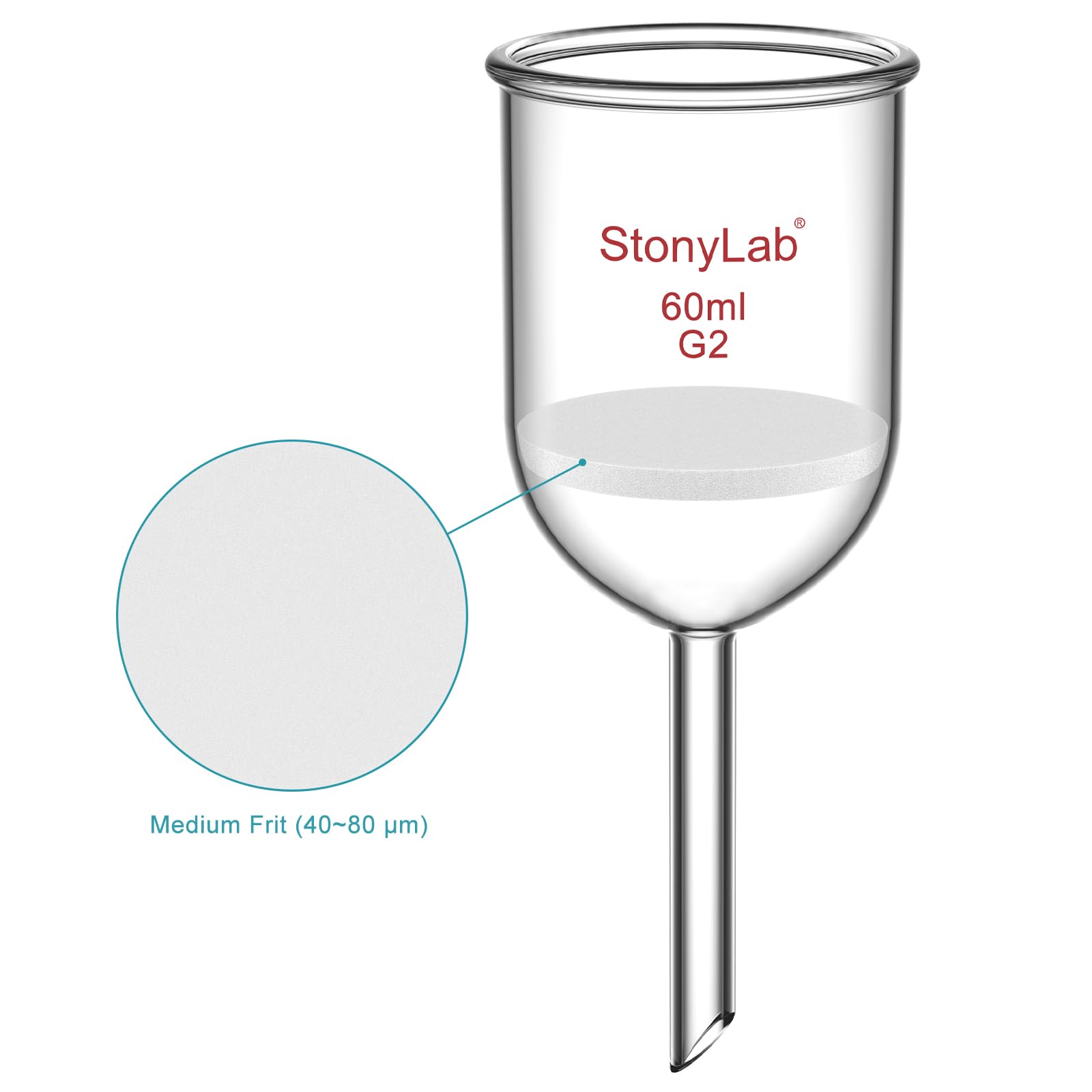 StonyLab Imbuto Filtrante Buchner in Vetro Borosilicato con Fritta Media (G2), Diametro Interno 46mm, Profondità 60mm (60 mL)