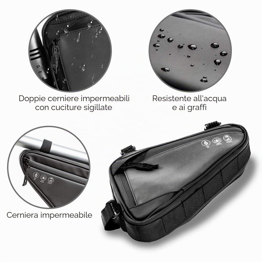 Nasjac Borsa con telaio triangolare per bici, borsa da manubrio anteriore impermeabile da ciclismo Borsa da sella con cinturino per borsa con striscia riflettente