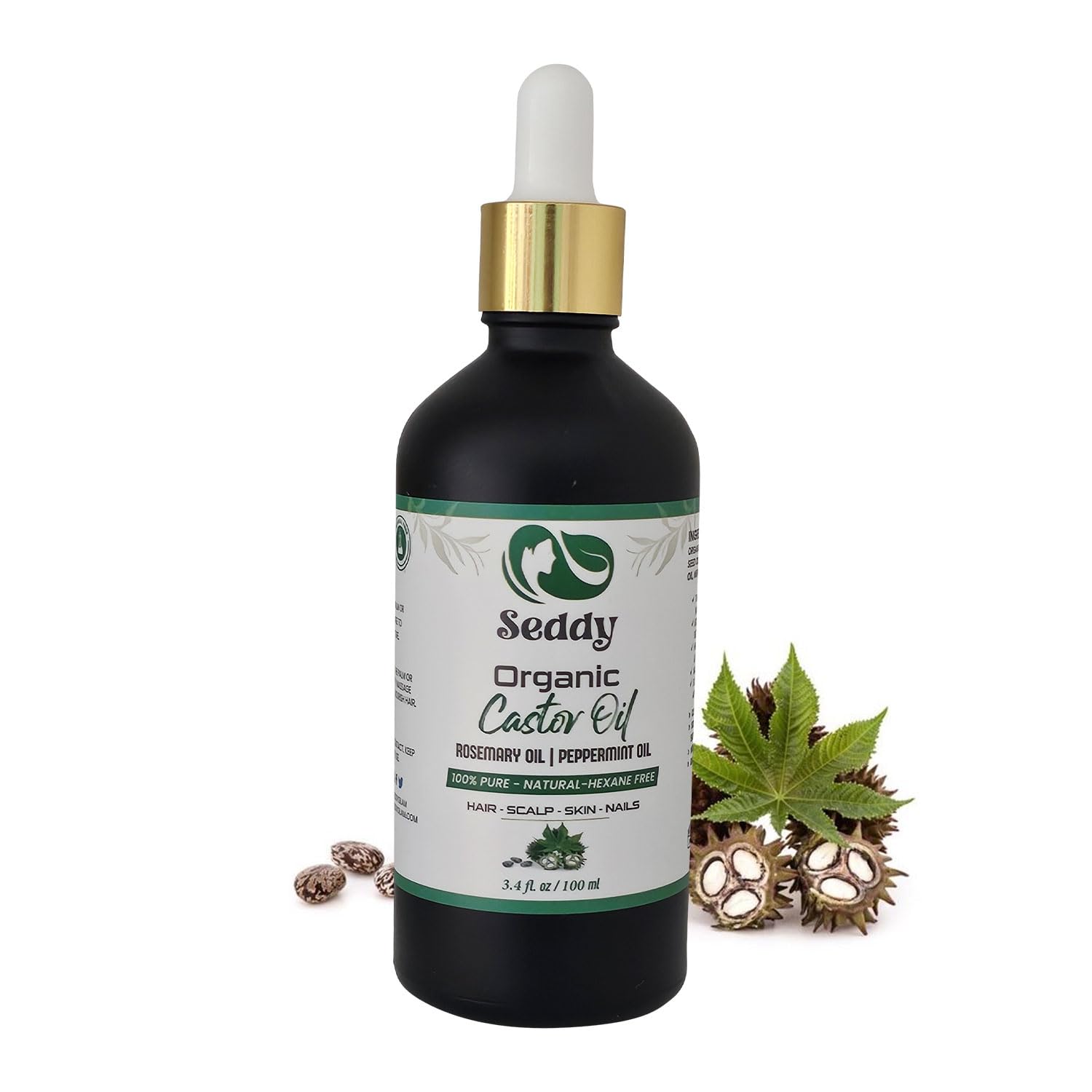 Seddy Organic Castor Oil - Cold Pressed | Hexane-Free | Pure | Hair, Scalp, Eyelashes, Eyebrows, Skin, & Nails | Hair Treatment Oil - 3.4 Fl. Oz