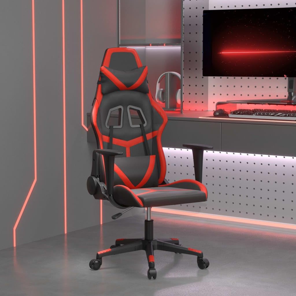 Gaming-Stuhl Schwarz Rot Kunstleder Ergonomischer Zocker Sitz mit Wippfunktion Lenden Nacken Kissen, Drehbarer Chefsessel für Büro, Homeoffice, Jugendzimmer, PC, Esport, Komfort