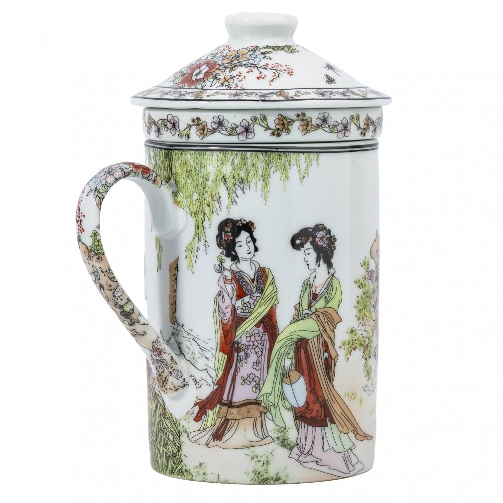 lachineuse -Tea Infuser Mug - Traditional Asian Serenity Motifs - Porcelain - Multicolour - Height 14.5cm - Asian Decor Gift Idea