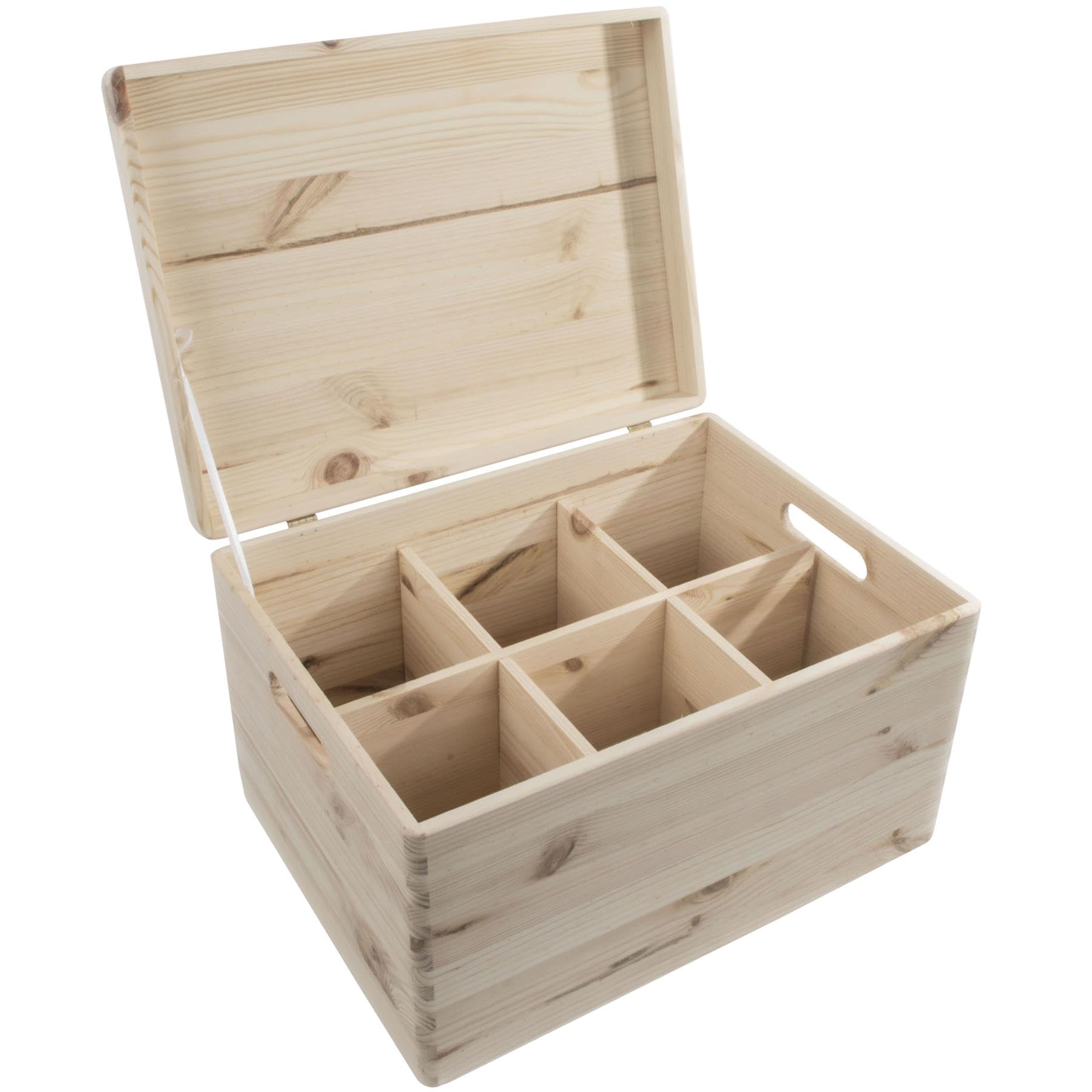 WooDeeDoo Large Deep Wooden Storage Chest with Handles Lid and Removable Dividers – Unfinished Pine Box with 6 Compartments for Toys Craft DIY Tools Gifts Home Organisation – 39.5 x 29.5 x 23 cm