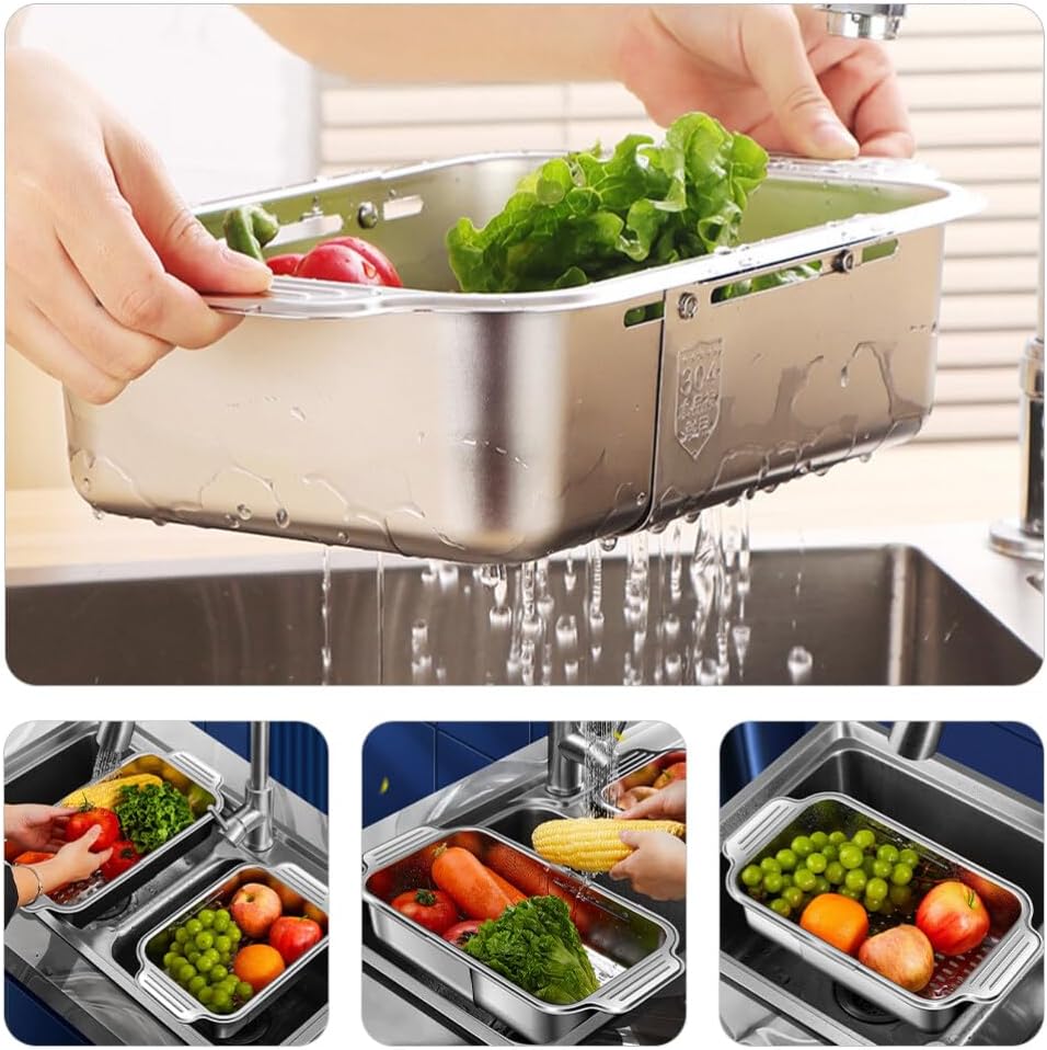 Extendable Sink Strainer Basket Kitchen Colander for Washing Vegetables Fruits and Draining for Standard Sinks