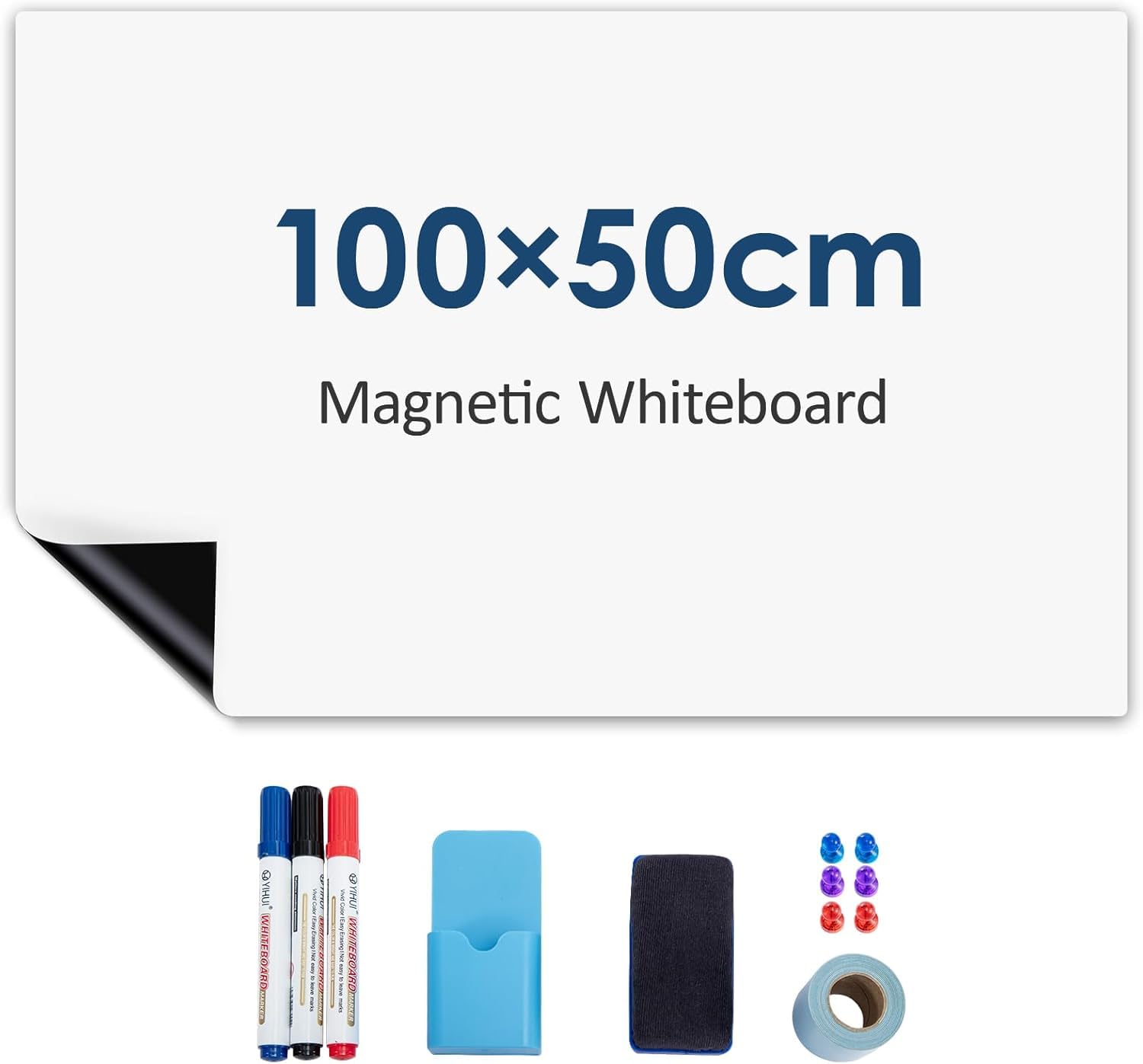 BREEZENEST Magnetic Whiteboard Sheet Premium PET Dry Erase Board with Strong Magnetic Backing Choose Your Size for Fridge, Office, Kitchen Organisation Includes Markers & Eraser (100 x 50 cm)
