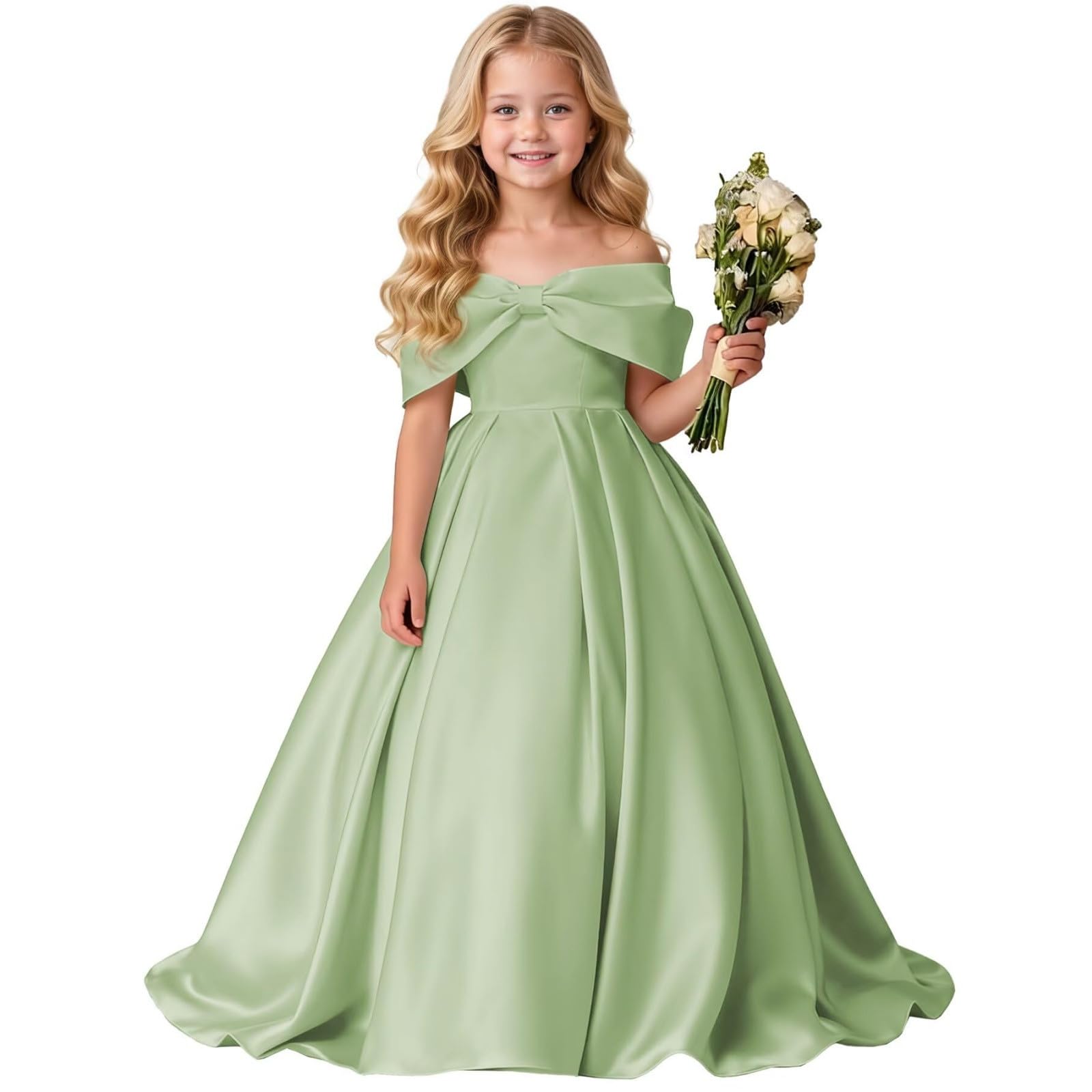 Vestido NiñA Elegantes, Vestido NiñA Ceremonia Lunares, Vestidos De Fiesta Largo hasta El Suelo Color Liso con Hombros Descubiertos Y Un Gran Lazo Mayores Dresses Summer Dress Dress Vestidos Verano