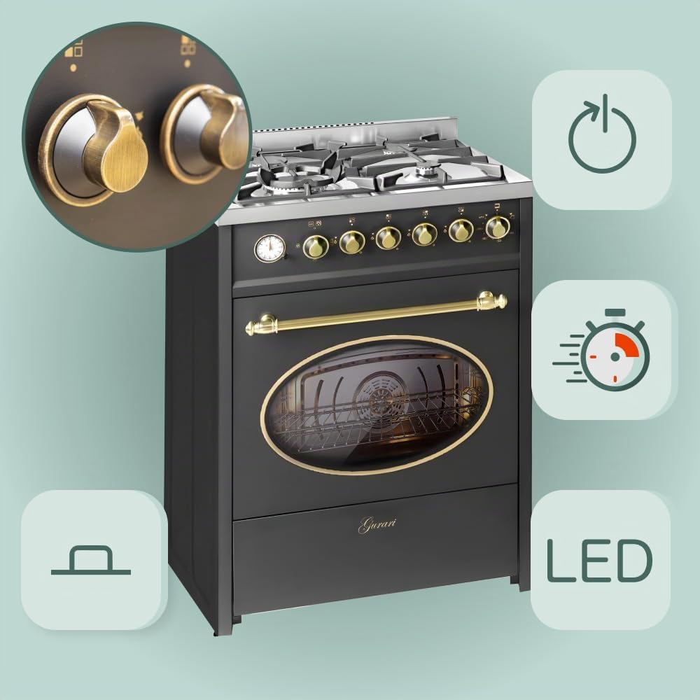 Cocina de gas GURARI GCH G 614 BR, cocina de 60 cm, WOK de 4 Kw, parrilla de gas, placa de cocción, cajón con pulsador, control de gas, asador giratorio, gas natural/propano