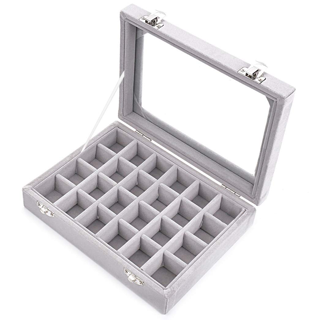 IvosmartIvosmart 24 Section Velvet Glass Jewelry Ring Display Organiser Box Tray Holder Earrings Storage Case (Grey) by Ivosmart