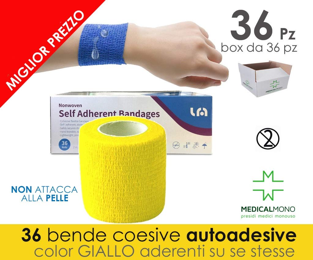 MEDICALMONO Benda Coesiva, 12/24/36 Rotoli Fasciatura Adesiva Elastica, Colorato Elastica Tessuto Medico per Mano, Patch per le Dita, Fasciatura delle Ferite, tipo VETRAP cm 5 x4,5 mt (36, GIALLO)
