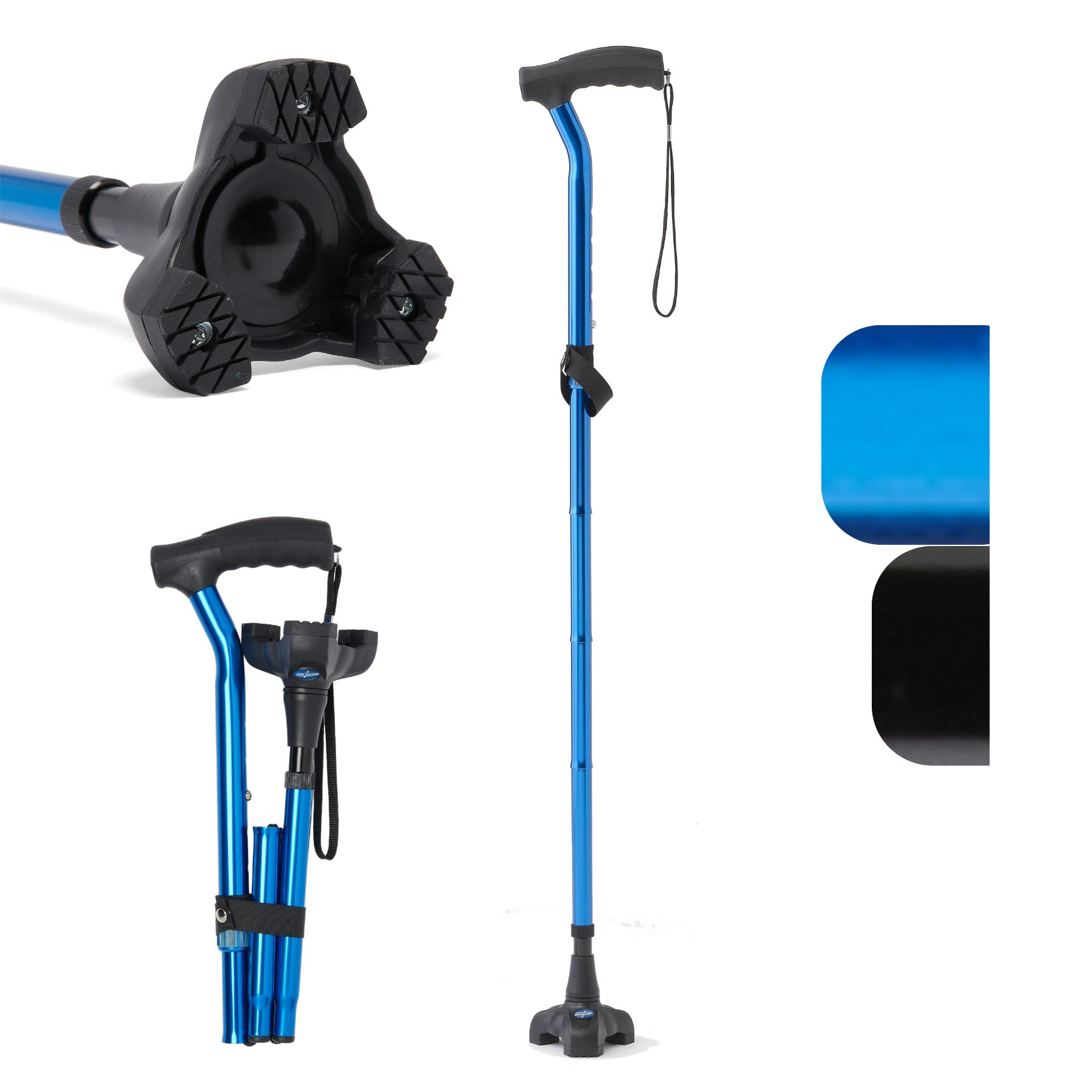 Medline TriGlide Bastón plegable, imita el movimiento del tobillo, ajusta de 32 a 37 pulgadas, capacidad de 350 libras, color azul, para personas mayores y adultos mientras caminan, equilibran, ayuda