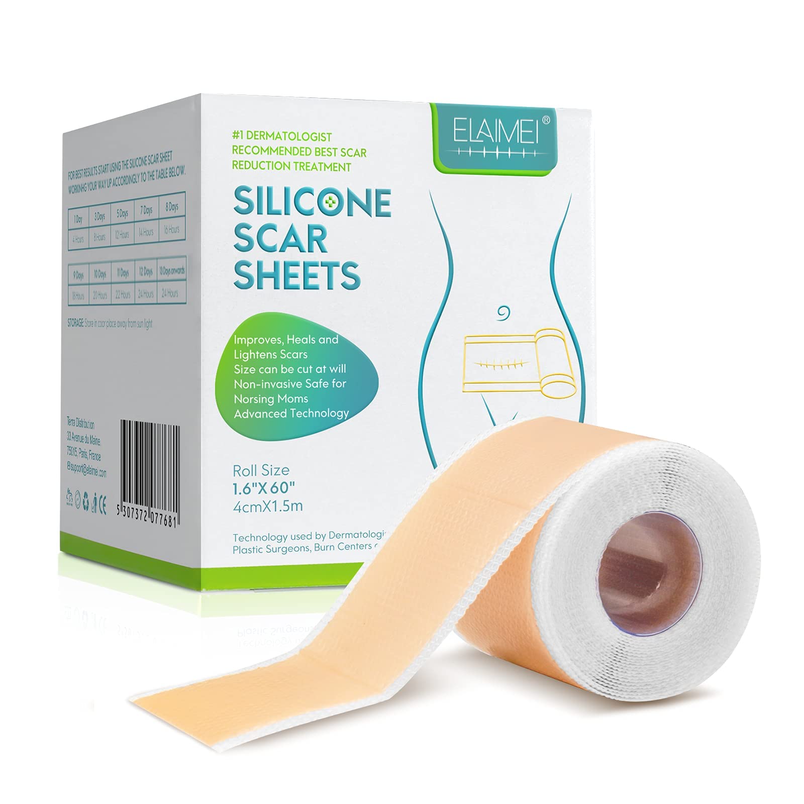 Silicone Scar Sheets, Tape Roll for Scars Removal, Painless, Reusable, Easy-Tear (1.6 by 60 Inches)