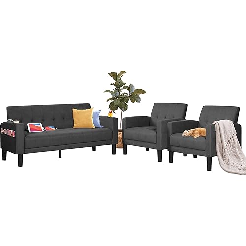 TYBOATLE Modern Living Room Furniture Sectional Sofa Sets 3 Piece, 1 Tufted Mid-Century USB Loveseat Couch w/ 2 Cupholders and 2 Comfy Accent Arm Chairs for Small Space, Apartment, Office (Dark Grey)