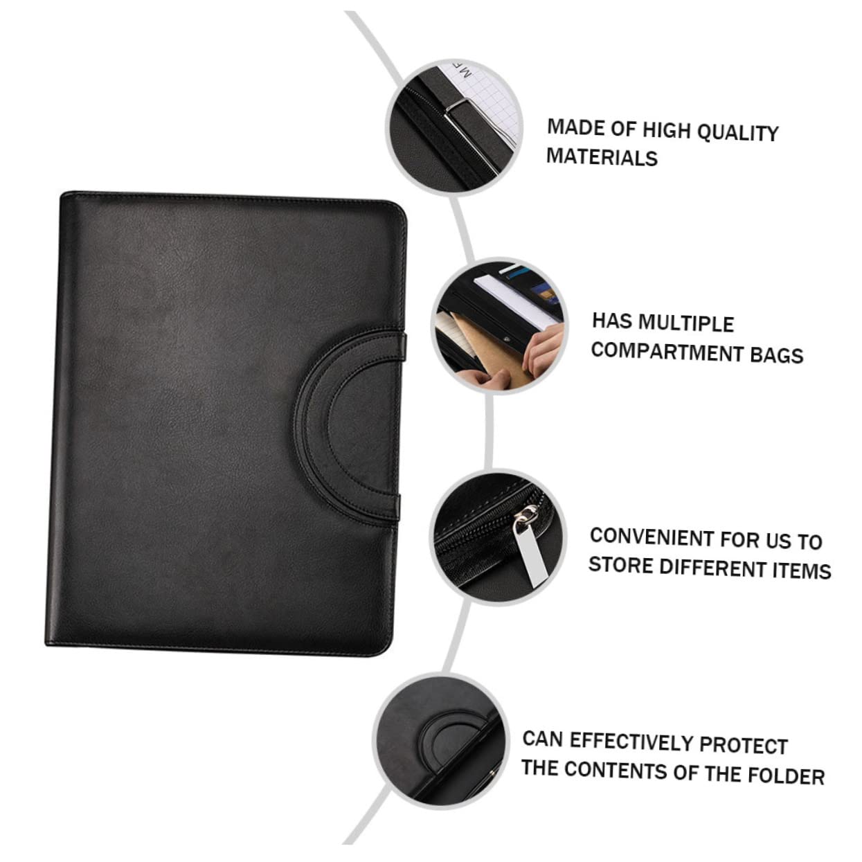 Carpeta de Negocios A4 con Cremallera, Pu Negro Elegante | Incluye Cuaderno A4, Varios Compartimentos, Formato Portátil y Acabado de Cuero Sintético