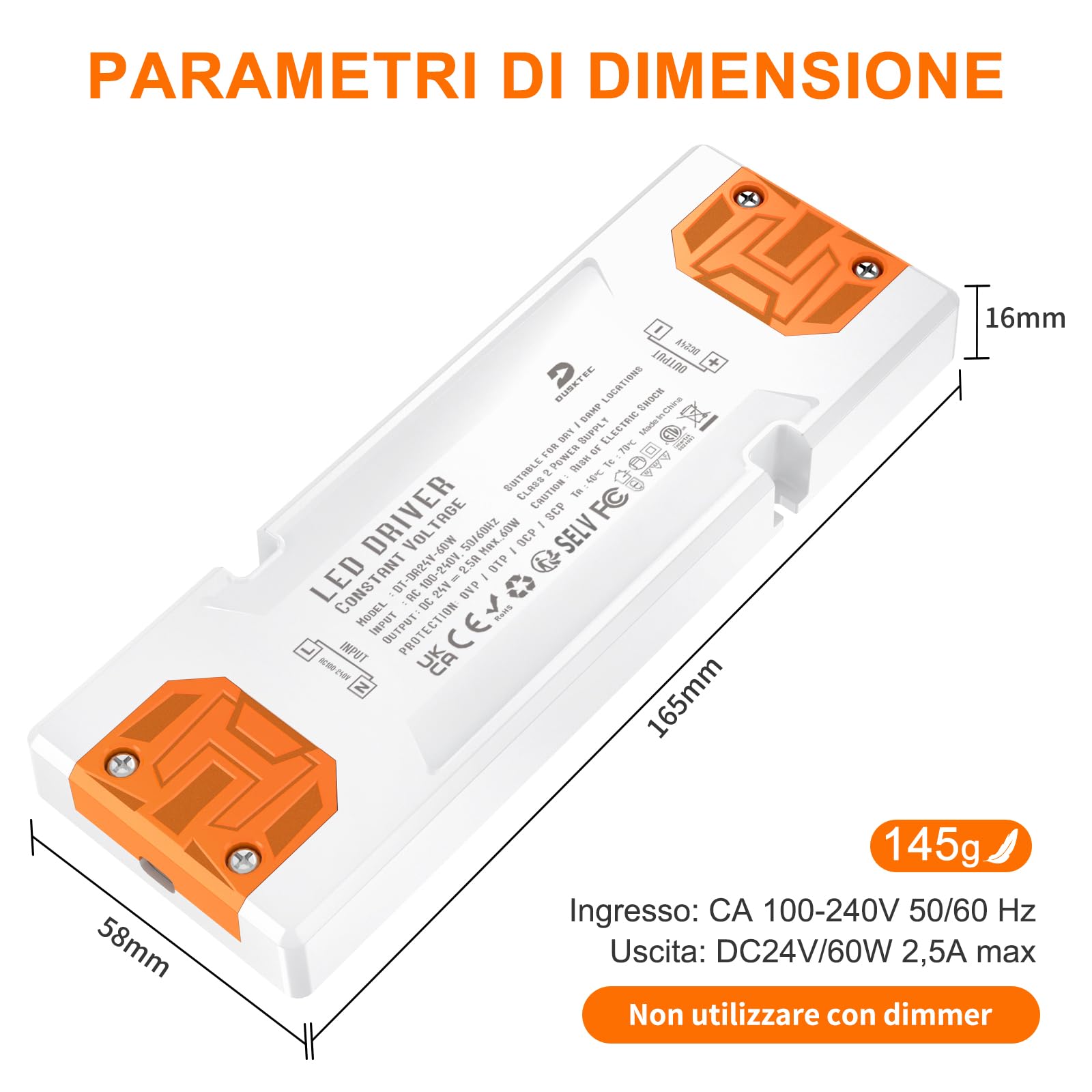 DUSKTEC Alimentatore 2,5A DC 24V per Striscia LED - Trasformatore 60W AC 220V a DC 24 Volt, Slim Driver a Bassa Tensione, IP44 Power Supply Tensione Costante per Luci Lampada Fari