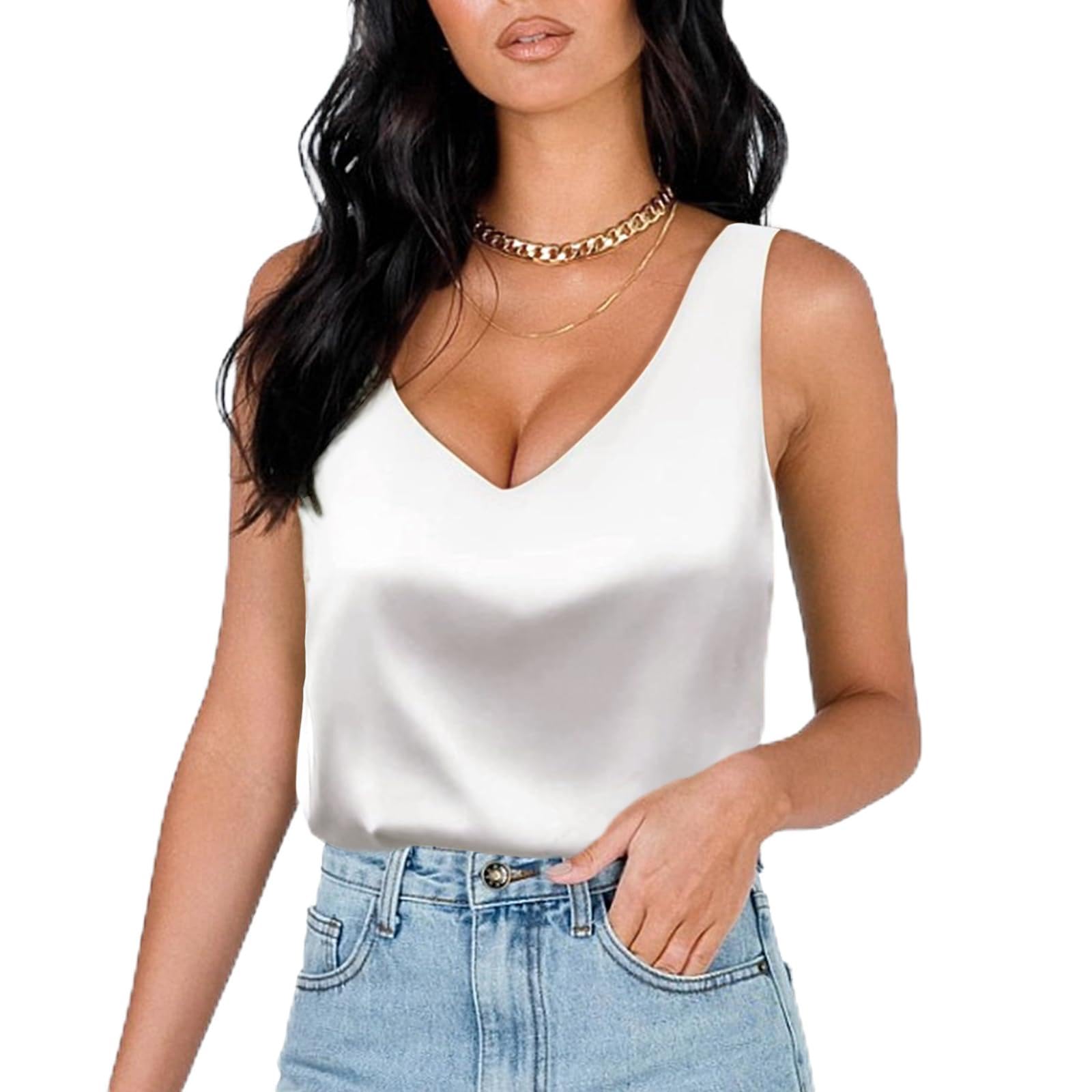 Neteson Camiseta Interior Mujer Camisola Raso Verano Chaleco Cuello en V Camisa Blusa Shirt Tank Top Elegante