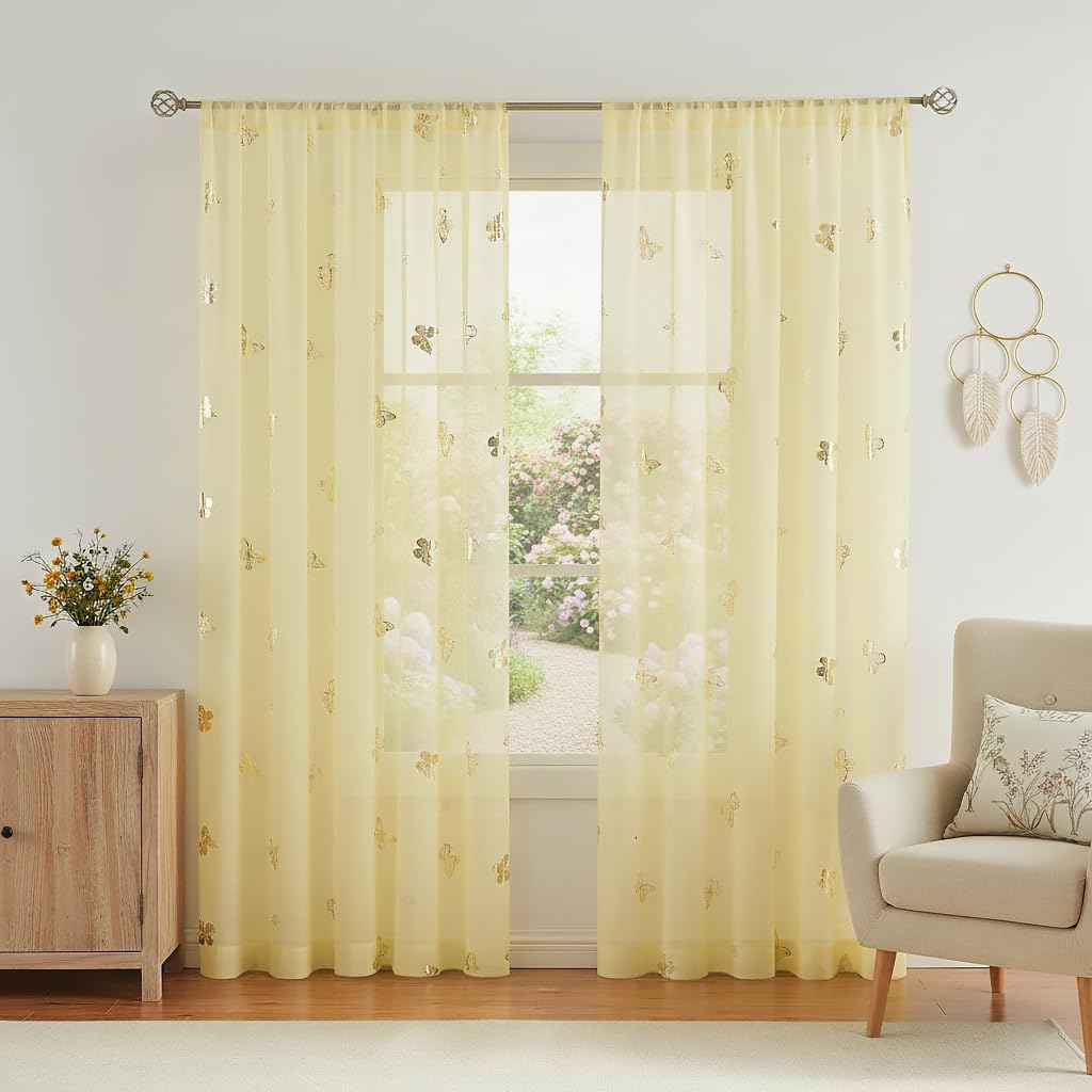 Jubilantex Yellow Butterfly Sheer Curtain Panels for Kids Nursery Bedroom, Baby Girls Toddler Gold Print Linen Textured Rod Pocket Voile Drapes 84