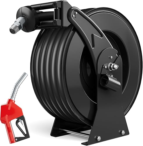 Vista 10 de Carrete de manguera de combustible, carrete de manguera diésel extra largo de 3/4 pulgadas x 50 pies con boquilla de combustible, carrete de Rojo