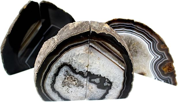 JIC Gem Black Agate Geode Bookends Decorative Stone Book Holder Heavy Duty