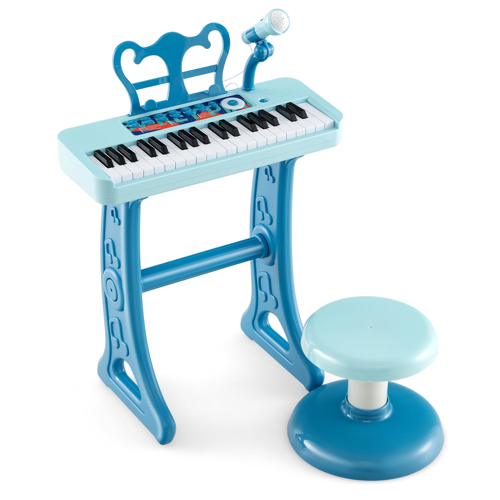 GOPLUS - Piano infantil de 37 teclas con atril y taburete a juego, juguete para teclado de piano infantil con micrófono ajustable, 15 volúmenes ajustables y 4 tonos, carga 50 kg (azul oscuro, 37