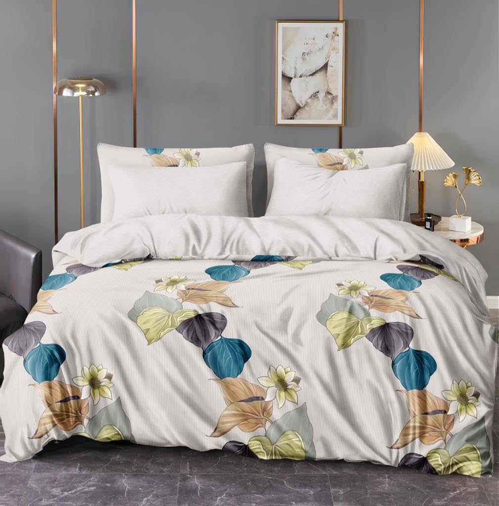SHOPICTED 350TC Microfiber Glace Cotton AC Comforter Set King Size Double Bed with 1 Flat Bedsheet-90x100 inch and Two Pillow Covers II 4 pc Bedding Comforter Set- Multi Leaf