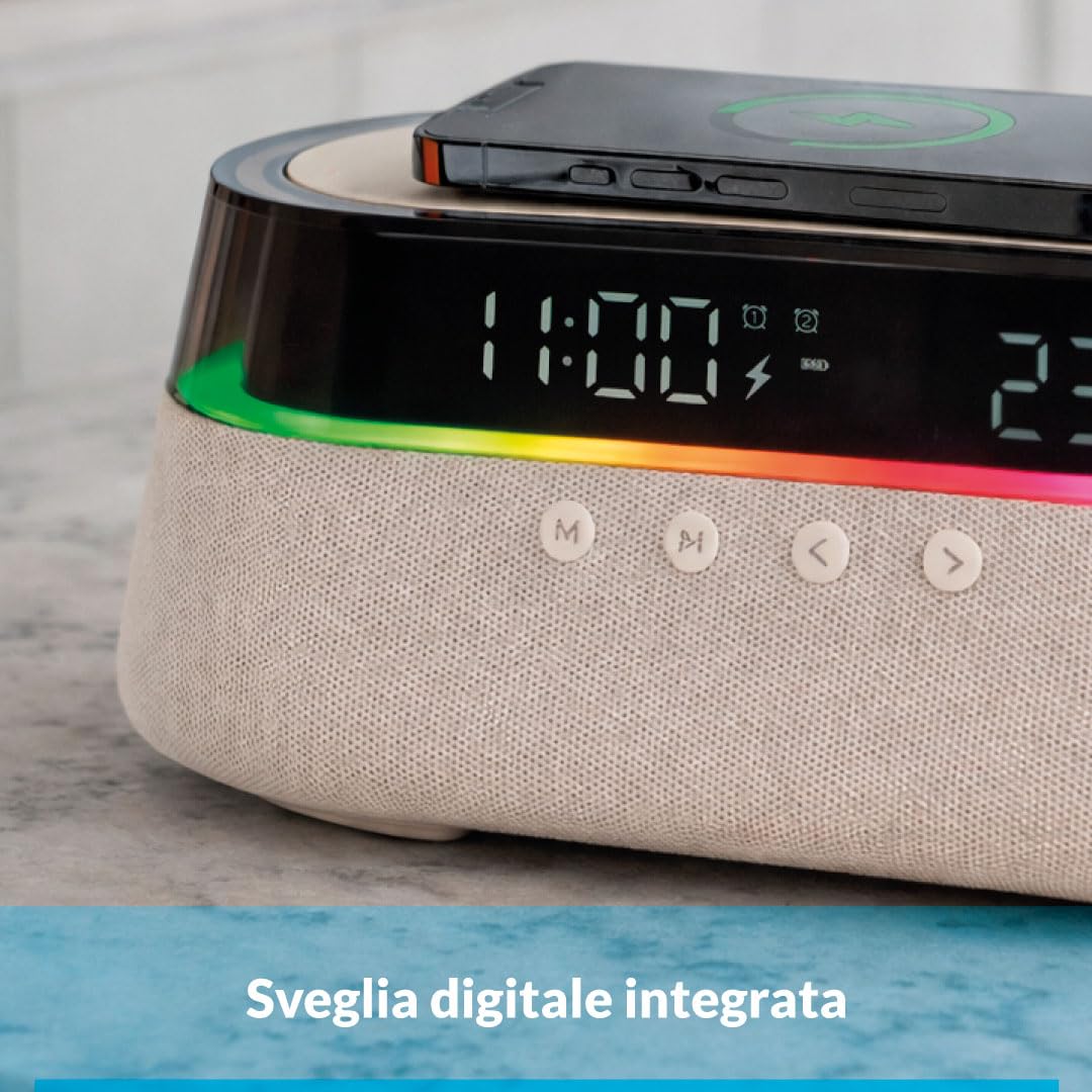 Cosmo Lampada da Comodino Multifunzione con Radio FM/AM, Speaker Bluetooth, Orologio Digitale e Ricarica Wireless Qi, Stazione Smart con Luce LED RGB e Sveglia (Beige)