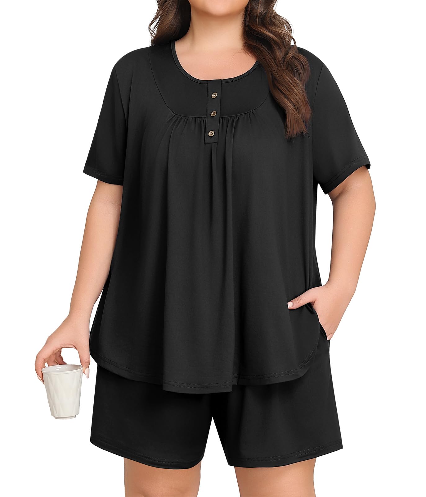 Lastshe Plus Size Pajama Set for Women Summer Short Sleeve Shorts Henley Neck Pjs 2 Piece Lounge Set with Pockets Sleepwear