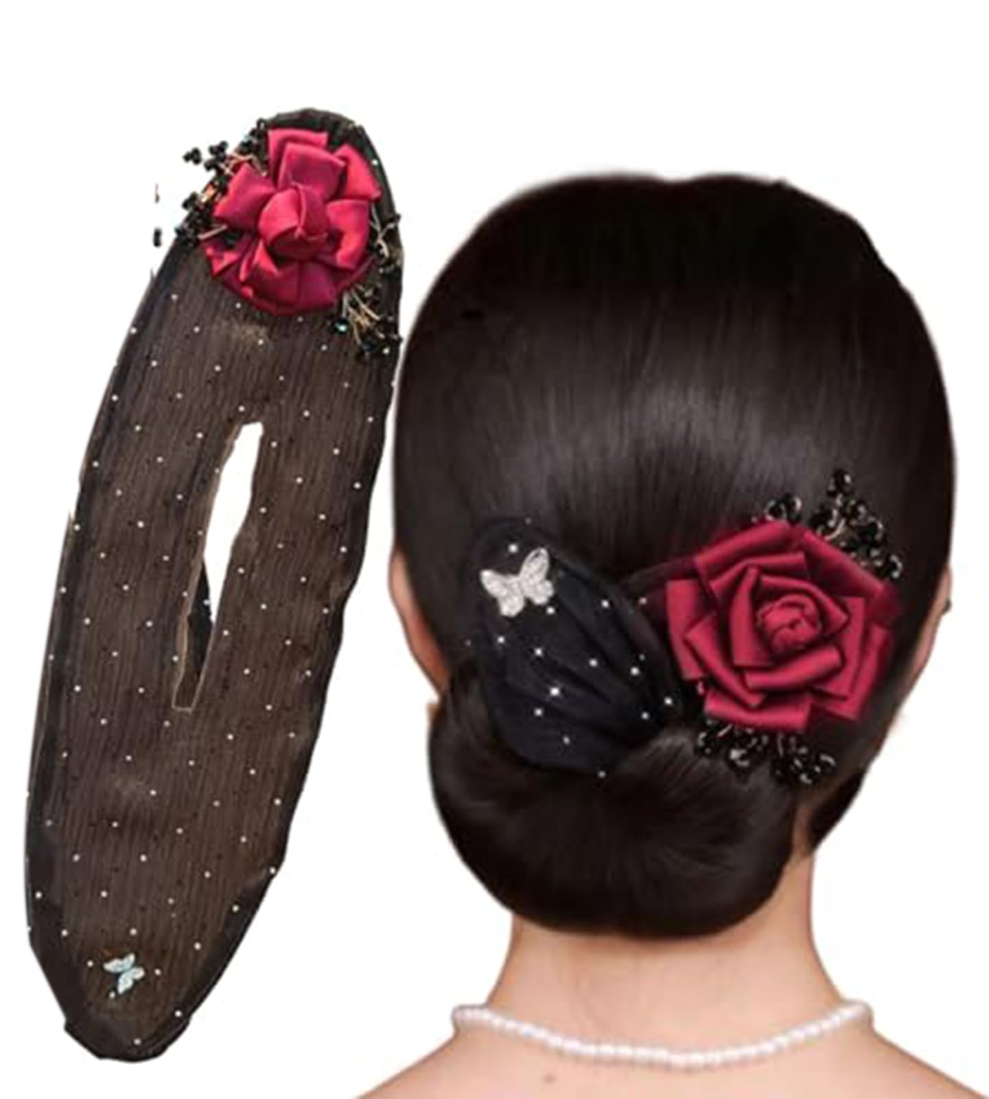 Hand Embroidered Flowers Deft Bun,Deft Bun Hair Twister,Ball Hair Clip,Flower Hair Bun Roller,Sheer Fabric Hair Bun Maker for Long Thick Hair