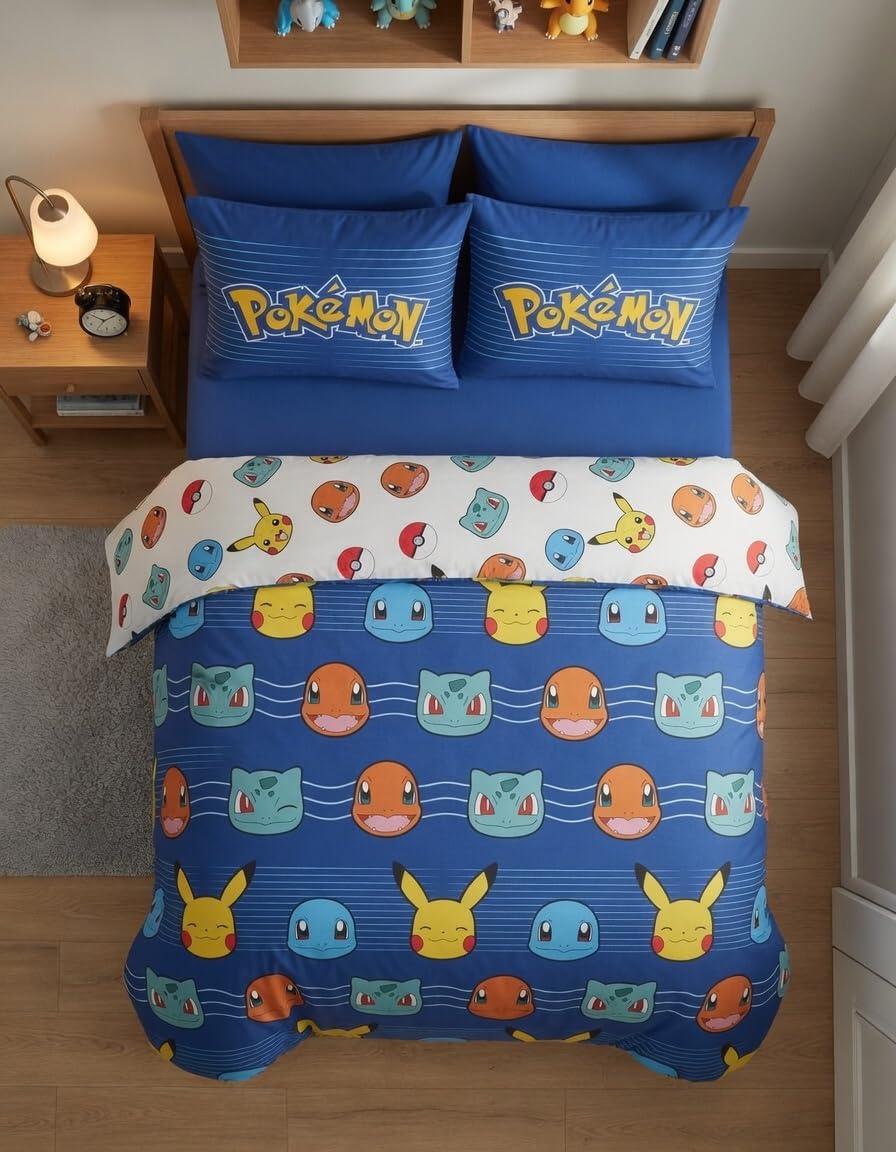 Pokémon Funda Nórdica Cama 150 240x220 + 2 Fundas Pikachu Reversible | Ropa de cama 2 personas | Microfibra Oeko-Tex secado rápido | Pikachu Charmander Bulbasaur Squirtle | 2 diseños | Regalo