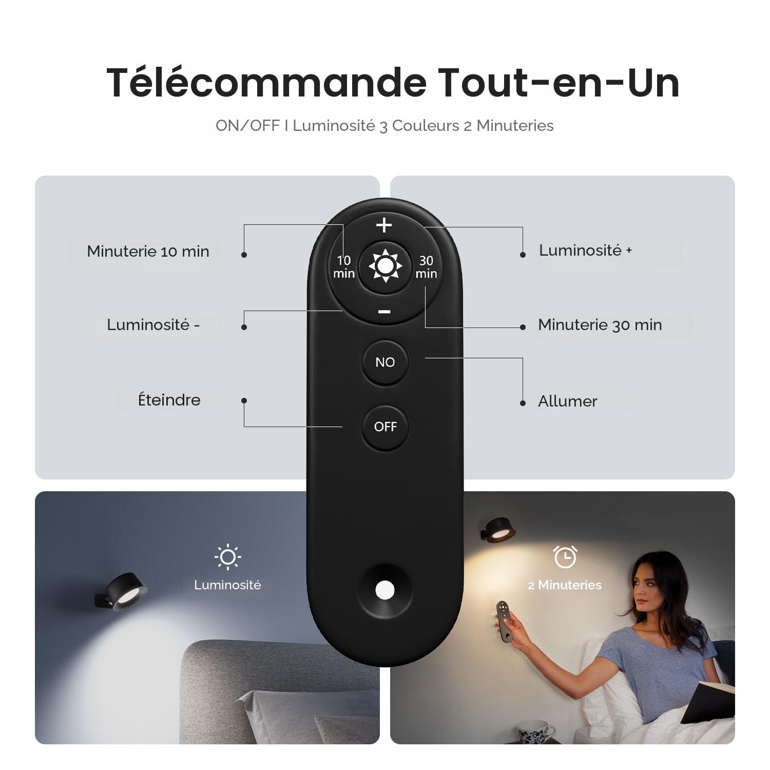 FULEN Applique Murale Interieur, Lampe Murale LED Rechargeable avec Télécommande ou Tactile, 3 Températures de Couleur et Luminosité Réglable, Lampe Murale sans fil pour Chevet de Chambre En Lisant
