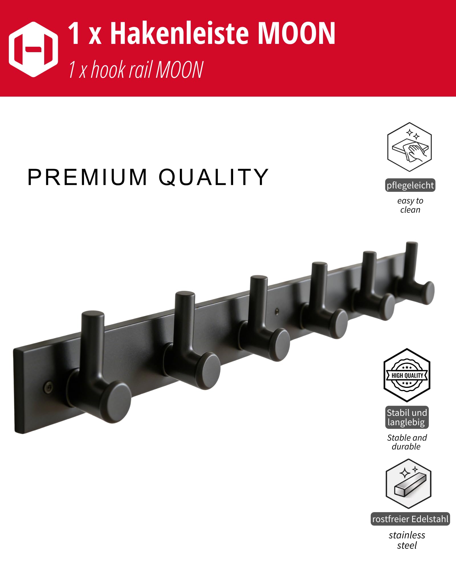 Gedotec Gancio A Muro Moderno In Metallo Nero Opaco (5 Pezzi) - Modello Alice, Profondità 62 Mm, Con Materiale Di Fissaggio Incluso