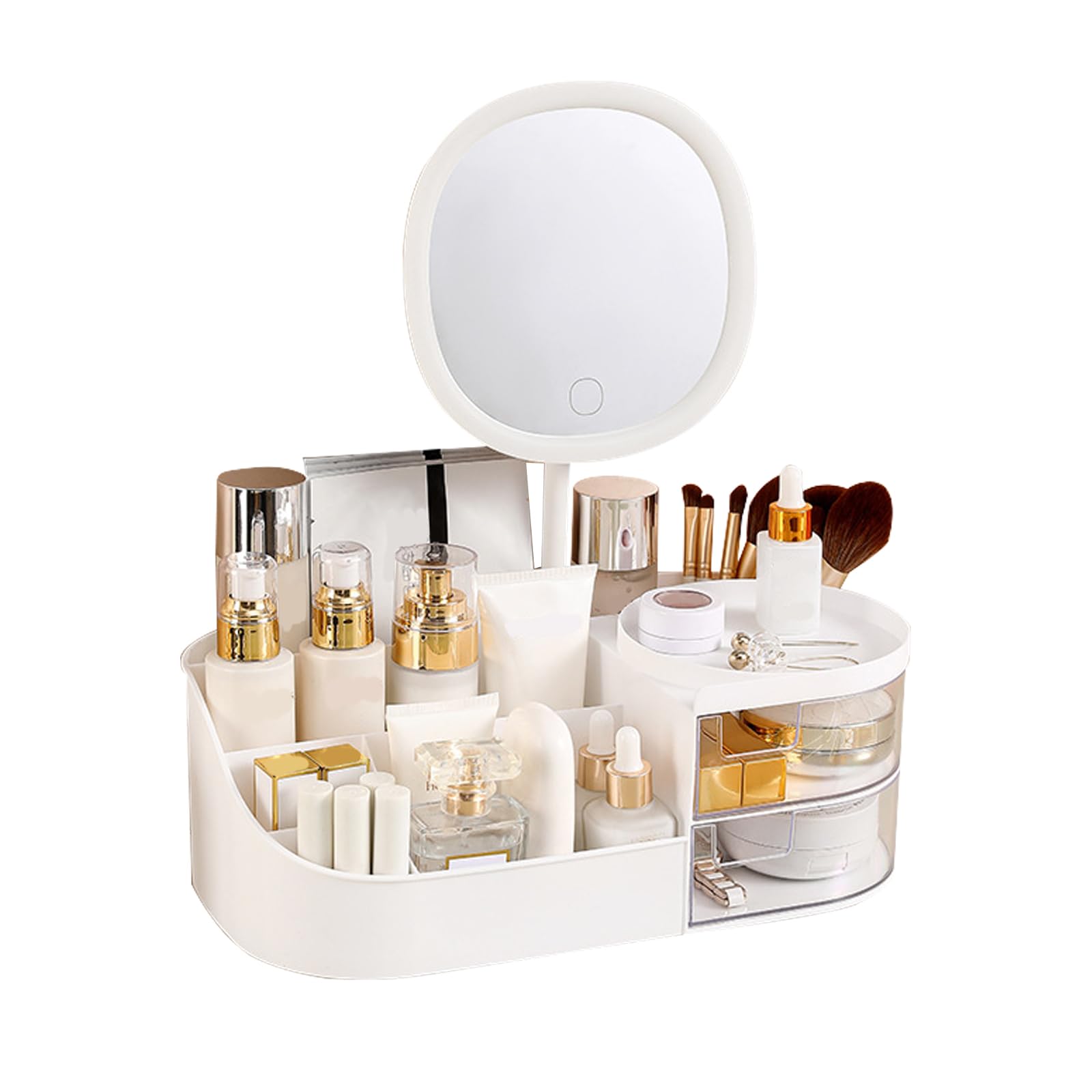 Uck-Kit White Makeup Organizer With Led Mirror, Large Capacity Countertop Organizer For Vanity, Bathroom And Bedroom Desk Cosmetics Organizer With Drawers,