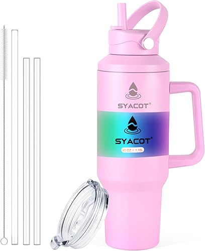 Miniatura 19 de Vaso de 40 onzas con asa y popote o se convierte en botella de agua aislada de 40 onzas que cabe en el portavasos. Botella de agua de metal de acero