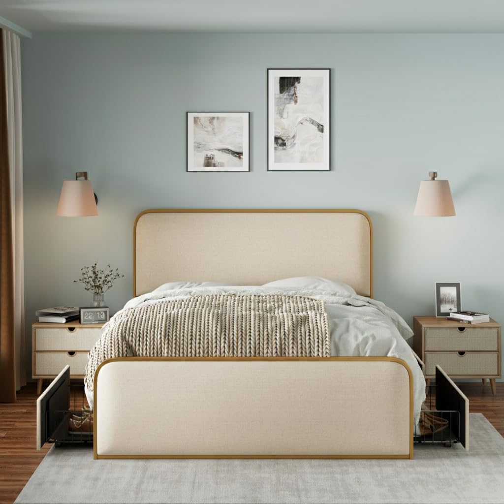 harper & bright designs king size gold modern meta platform bed frame with curved upholstered headboard and footboard with 4 storage drawers, under bed storage, heavy duty metal slats, beige