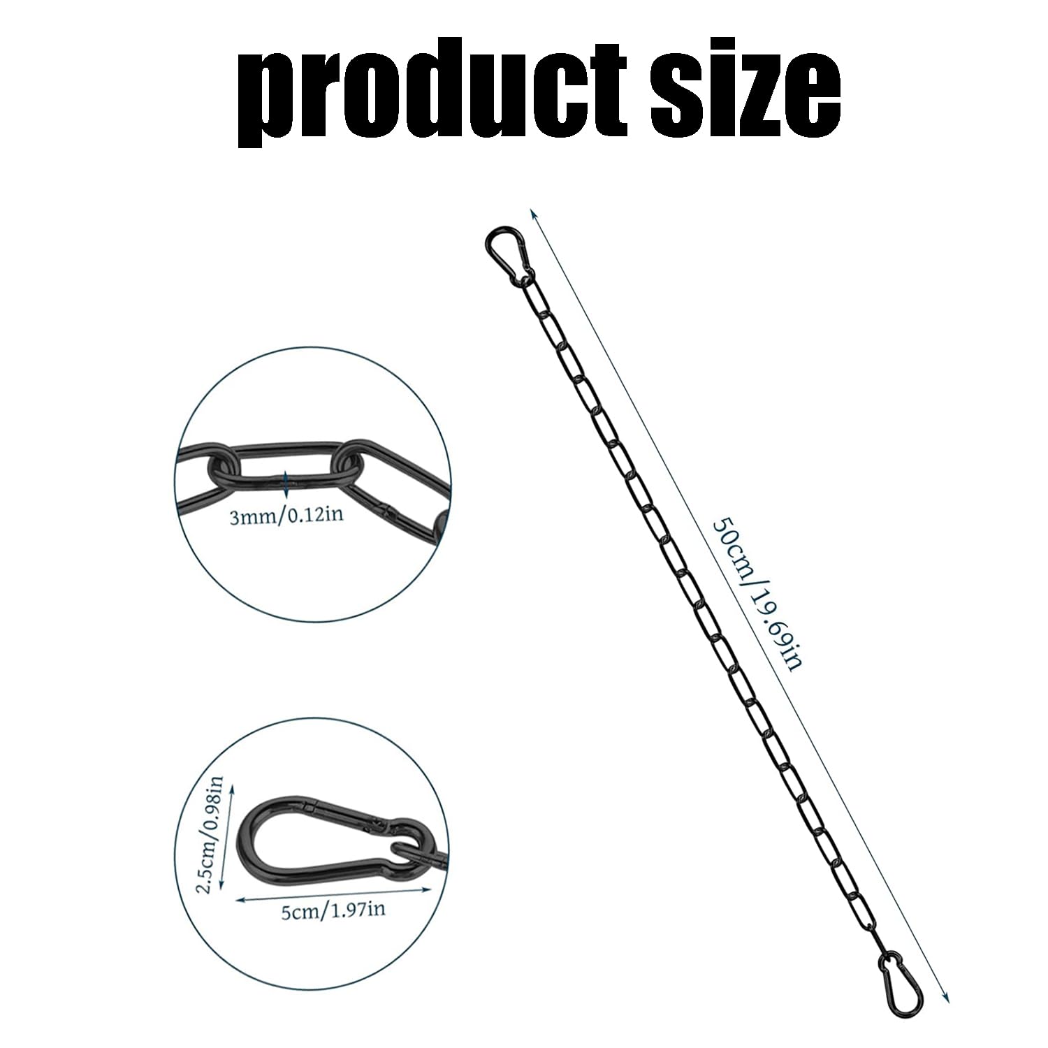 2PCS Catena in ferro galvanizzato, catena in ferro con moschettone, lunghezza 50 cm, catena di sicurezza con serratura per porte di recinzione, cancelli da giardino (nero)