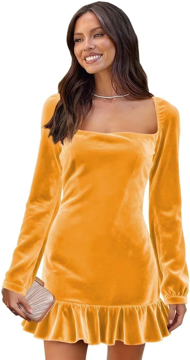 Long Sleeves Homecoming Dresses for Teens Velvet Prom Dress Ruched Formal Cocktail Party Gowns with Ruffles