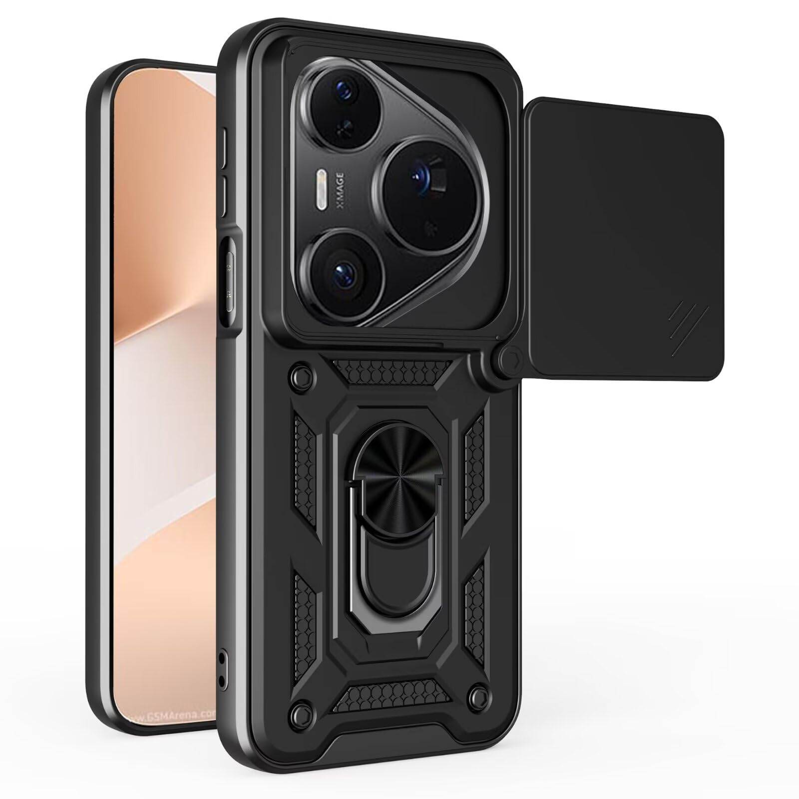 RankOne Mobile Phone Case Suitable for Huawei Pura 80 Ultra/Huawei P80 Ultra (6.8" Inches) PC Ring Armor Push Window Anti Drop Mobile Phone Case - Black