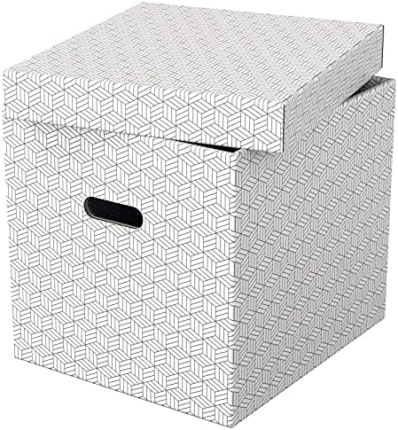 Esselte Medium Storage Box With Lid, Pack Of 3, Home/Office Storage & Organisation, 100% Recycled Cardboard, 100% Recyclable, Geometric Design, White, 628282