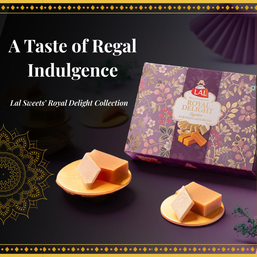 Lal Sweets Royal Delight 400g with Rakhi | Includes Kaju Katli & Mysore Pak 200g Each | Raksha Bandhan Sweet Assortment Pack | Traditional Mithai 1