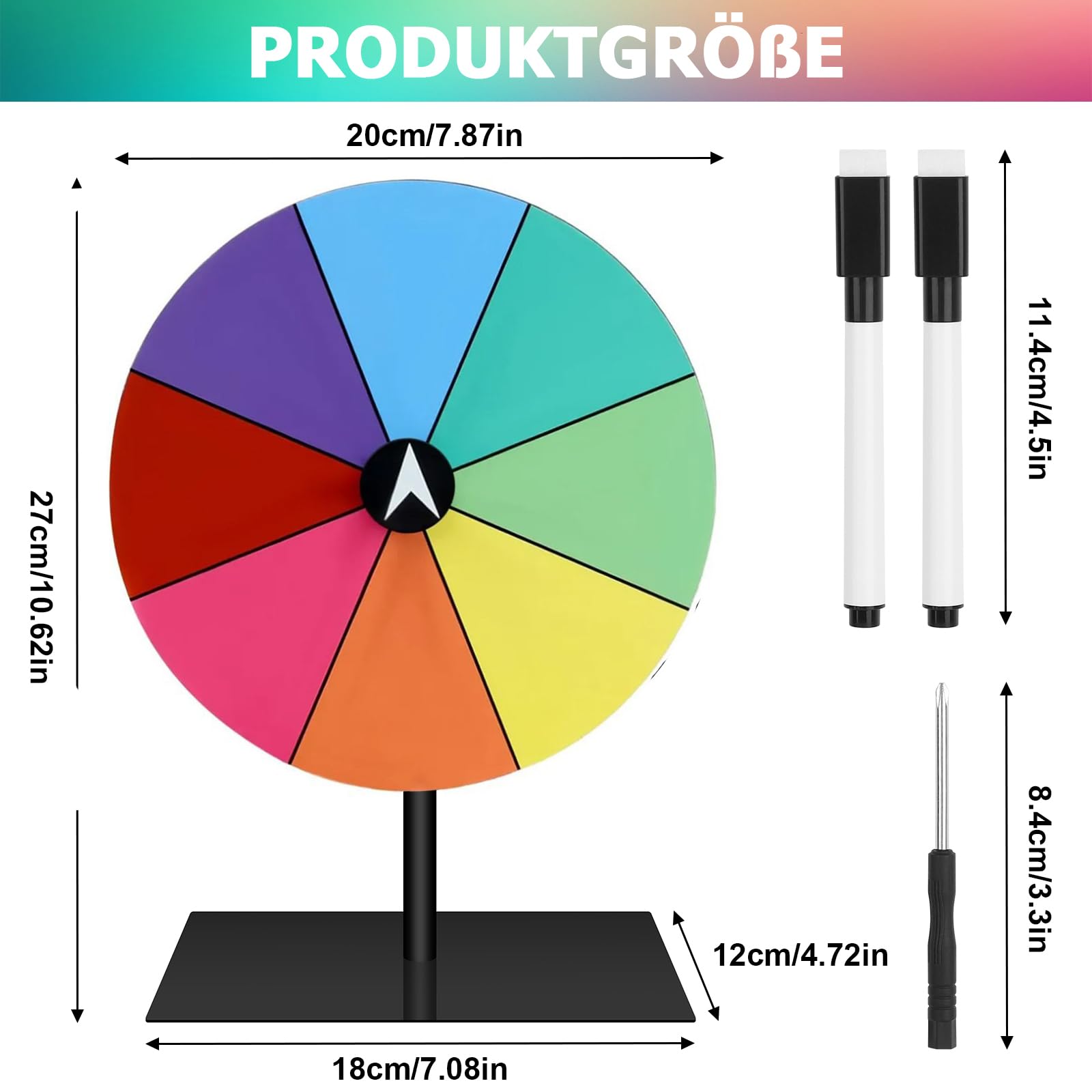Koło szczęścia do obracania, 20 cm, wielokrotnego użytku, 8 kółek spinningowych, do samodzielnego ozdobienia, z markerem i zdejmowanym stojakiem, na imprezę targową, karnawał