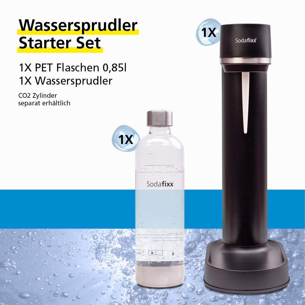 Wassersprudler Schwarz - Soda Maker + 1 PET Wasserflasche 0,85L - Sprudelwasser Maschine ohne Strom - Wasser Sprudel Gerät für 60L CO2 Zylinder - Sprudelwasser Flasche - Soda Wassersprudler