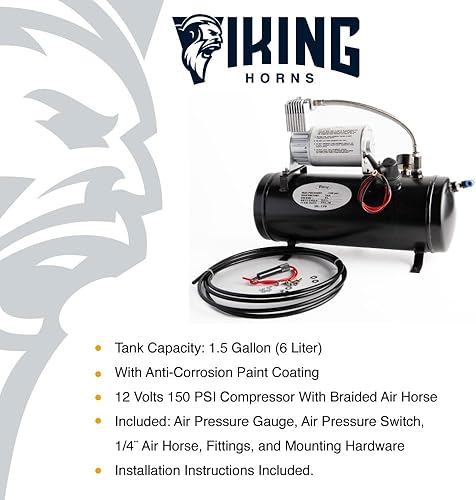 Miniatura 2 de Viking Horns V3305 tanque de aire de 1,5 galones y equipo del compresor de aire, sistema de aire a bordo para bocina de aire del tren