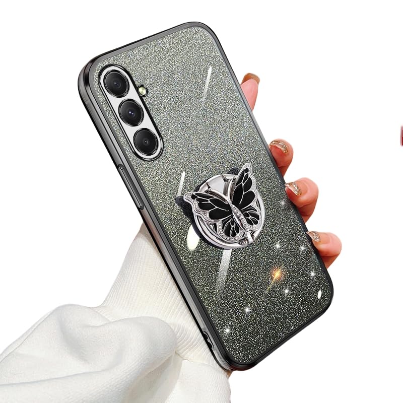 Glitter Cover Compatible with Samsung Galaxy M34 5G Case Butterfly Kickstand Case for Galaxy M34 5G Soft TPU Electroplated Bling Shockproof Shell for