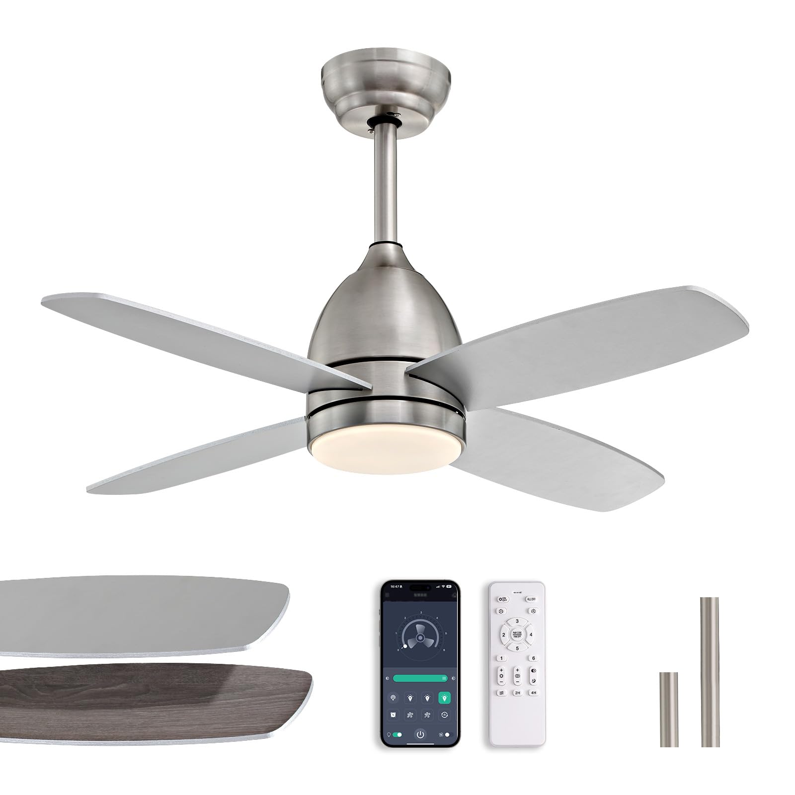 Ceiling Fans with Lights and Remote, 38" Low Profile Ceiling Fan with Quiet Reversible DC Motor, 6 Speeds, 3 CCT Dimmable LED, Nickel Ceiling Fan for Bedroom, Patio, Indoor and Outdoor