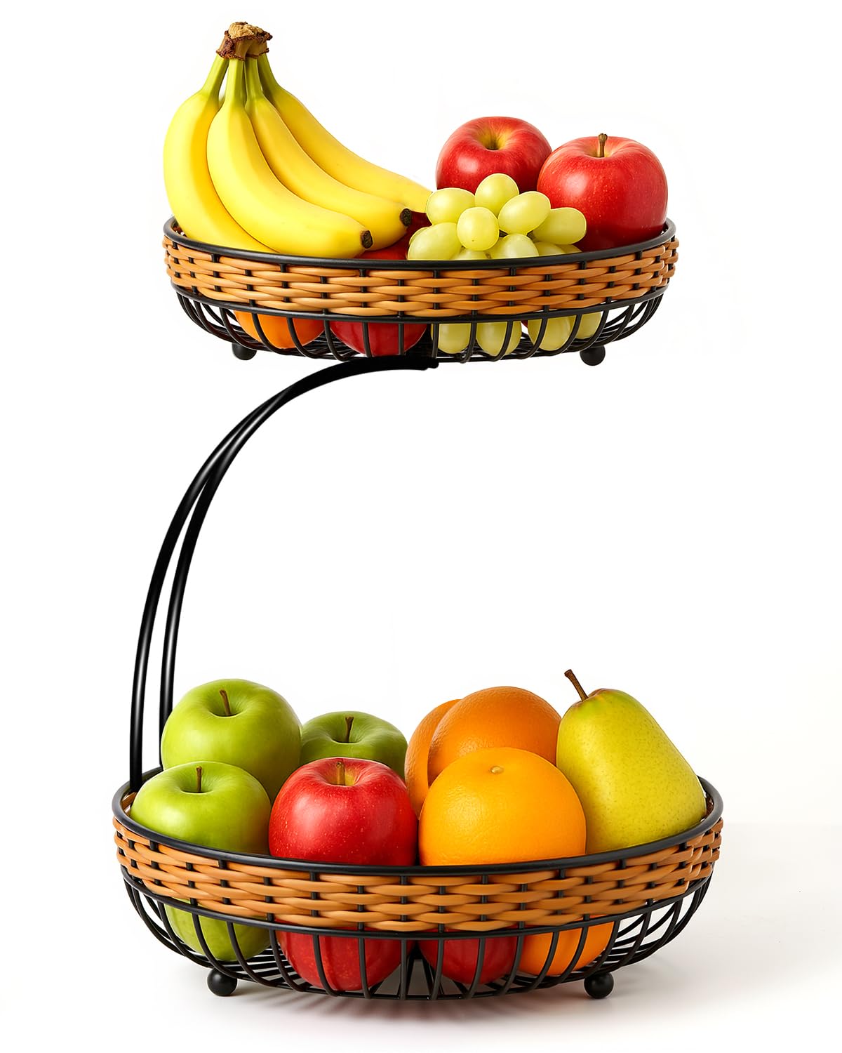 Frutero desmontable de 2 pisos en ratán amarillo y metal negro de 35 cm de altura